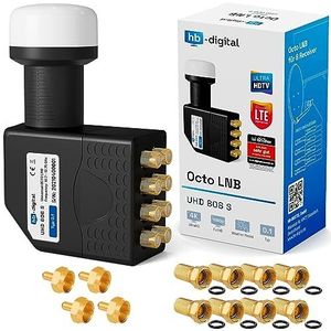 hb-digital Octo LNB (test zeer goed *) LNC-kop voor 8 deelnemers Direct LTE Protected Satelliet Full HD TV 3D 4K UHD verguld weersbescherming zwart + 8X F-stekker en 4x F-afsluitweerstand