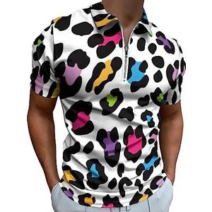 Kleur Luipaard Patroon Polo Shirt voor Mannen Casual Rits Kraag T-shirts Golf Tops Slim Fit