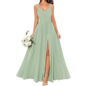 WSEYU Chiffon bruidsmeisjesjurk voor dames, met split, galajurken, plooien, cocktailjurk, grote maten, Sage Groen, 32