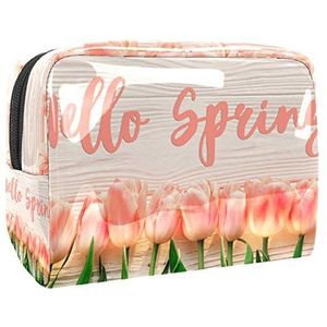 Make-uptas PVC toilettas met ritssluiting waterdichte cosmetische tas met Hallo lente tulp bloem voor vrouwen en meisjes