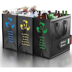 PTMS® Prullenbak 3 vakken - afvalscheidingssysteem voor papier, glas en plastic - milieuvriendelijke recycling organizerzakken gemaakt van zeer duurzame en herbruikbare materialen