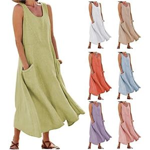 ATOLEA Linnen jurk dames met zak-mouwloze A-lijn zomerjurk met comfortabele stof en trendy stijl, Groen, 4XL