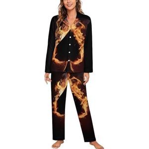 Spades Card in Fire Vrouwen Lange Mouw Button Down Nachtkleding Zachte Nachtkleding Lounge Pyjama Set XL