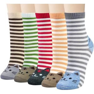 Justay damessokken van katoen met schattig kattenpatroon, grappige kleurrijke sokken voor meisjes, 5 paar, bruin, rood, grijs, geel, groen