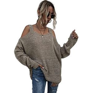 Dames trui gebreide vierkante hals, off-shoulder lange mouw, Khaki, L