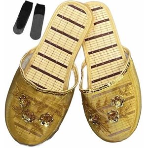 Chinese mesh pantoffels for dames, bloemen, ademend mesh, Chinese sandaalpantoffels met sokken (Color : Gold, Size : 36 EU)