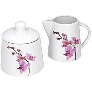 Van Well Kyoto Suikerpot + melkkannetje set ronde suikerdispenser met deksel + melkgieter, porseleinen servies, bloemendecoratie orchidee, roze