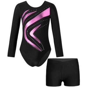 EKalgretrA Turnpakje voor meisjes, turnpakjes met lange mouwen, glanzend strass-steentjes, patchwork bodysuit met shorts, dansprestaties, wedstrijdkostuum, roze, 8