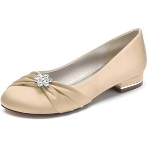 Trouwjurk Schoenen voor Vrouwen Ronde Neus Bruids Flats Satijn Ballet Flats Slip On Avond Prom Party Pumps,Champagne,36 EU