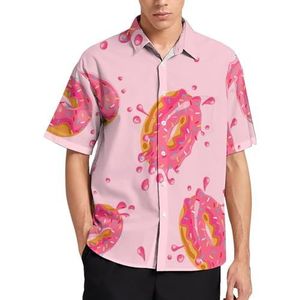 Roze Sweet Donuts Print Zomer Heren Shirts Casual Korte Mouw Button Down Blouse Strand Top met Zak L