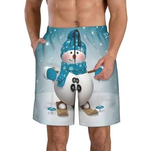 Mooie Kerst Cartoon Skiën Sneeuw Man Sneeuwvlok Print Heren Zwemmen Shorts Trunks Mannen Sneldrogende Ademend Strand Surfen Zwembroek met Zakken, Wit, XXL