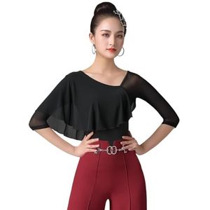 Tytyozay Dames Ballroom Latin Danstop, Asymmetrische Chiffon Cape-stijl Top met Mesh 3/4 Mouwen Oefenoutfit Elegante Eendelige Oefentop voor Waltz Tango Dansen,zwart,L