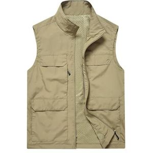 Pegsmio Outdoorvest voor heren met grote zakken, slim fit, opstaande kraag, jas, streetwear vest, Kaki, L