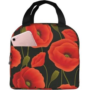 SUHNGE Geïsoleerde lunchtas met klaproos en bloemenprint, Rolltop lunchbox draagtas voor vrouwen, mannen, volwassenen en tieners