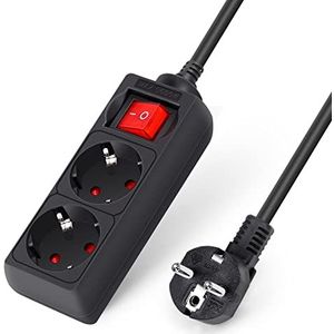 Aigostar 2-Voudig stekkerdoos met schakelaar stekkerdoos met contactbescherming, 3 m kabel, zwart(2-Voudig, 3 m)