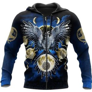 Odin Raven Tattoo Pullover Sweatshirt, Scandinavisch 3D Digitaal Printen Vegvisir Klassieke Harajuku Hoodie, Viking Heren Herfstmode Lange Mouw Casual Rits Top(Color:Blue Zip Hoodie,Size:L)