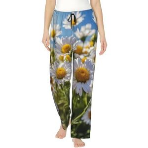 Wild White Daisy Flower Print Dames Zachte Polyester Lounge Pyjama Broek - Losse Comfortabele Slaap Joggingbroek Met Zakken, Zwart, S