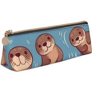 Dwrepo Lederen etui voor vrouwen mannen potlood tas met rits draagbare etui dier schattige bruine otters pen tas kleine make-up tas munt zakje voor werk kantoorbenodigdheden