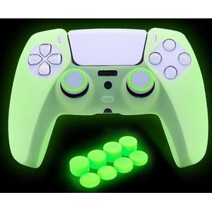 HLRAO Groene anti-slip glow in the dark beschermende siliconen hoes huidgrepen compatibel met PS5-controller, 8 stuks duimgrepen caps en 2 handvatten caps gloeien in het donker.