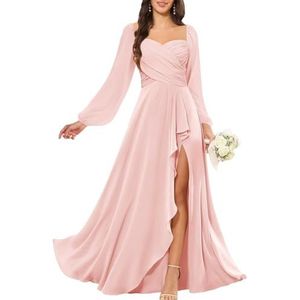 KURFACE Bruidsmeisjesjurken met lange mouwen en split voor dames, geplooid, chiffon, bruidsmeisje, vloerlengte, formele feestjurk, Blush Roze, 34