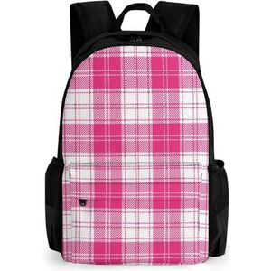 Roze en witte tartan geruite 16 inch laptop rugzak grote capaciteit dagrugzak reizen schoudertas voor mannen en vrouwen