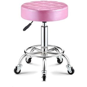 FXLUHAY Ronde rollende salonkruk in hoogte verstelbare draaibare kruk, kantoornagel pedicure-kruk opstelkrukken stoel met wielen en bredere ronde zitting voor medische spa esthetiek (roze)