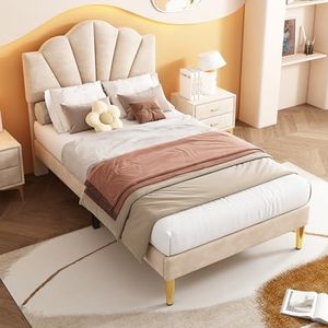 Aunvla Fluweel, gestoffeerd bed, 90 x 200 cm, schelpachtig bed met gouden ijzeren poten, in hoogte verstelbaar hoofdeinde, houten lattenbodem, beige