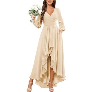KURFACE Bruidsmeisjesjurken met lange mouwen voor vrouwen met zakken geplooide chiffon formele avondjurk feestjurk, Champagne, 34