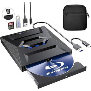 Externe Blu Ray Drive met Case, Draagbare Bluray Player Writer Reader, CD-brander met USB 3.0 typc C-poort en SD-kaart, DVD & CD-ROM +/-RW, Externe Blu-Ray Drives voor PC Laptop Desktop Windows Mac