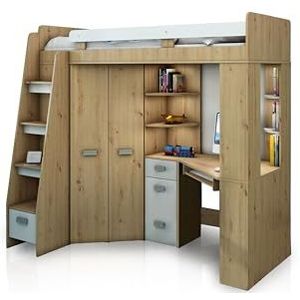 FurnitureByJDM Hoogslaper Met Bureau, Kast en Planken – Compact Kinderbed Met Opbergruimte – Complete Set (120x204 cm) – Bed 80x200 cm – Trap Links – (Artisan Eik/Wit)
