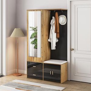 Elegante kledingkastset in zwart en houtkleur met spiegel, schoenenkast, schoenenbank met haken en uittrekbare kleerhangers.