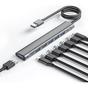 8-IN-1 6-USB 3.0 Hub met 5 Gbps gegevensoverdracht, Ultra-Slim Data USB Hub voor MacBook, iMac, Surface, Mobile HDD en meer (USB-A, 4FT)