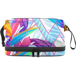 Palm Leaves Makeup Bag Double Layer Ruime Cosmetische Zakken voor Vrouwen en Meisjes Reizen Draagbare Toiletry Pouch met Rits, Meerkleurig, 27x15x14 cm/10.6x5.9x5.5 in, Make-up zakje
