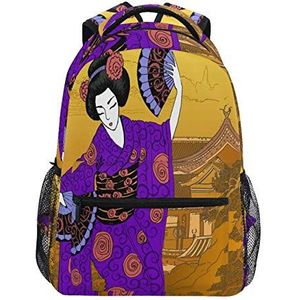 OOWOW Schoolrugzak Geisha Japanse vrouw kimono dagrugzak lichtgewicht waterdichte college laptop rugzak basisschool schoudertas grote boekentas voor kinderen tieners, Meerkleurig, Eén maat, Modern