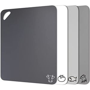 Flexibele Plastic Snijplank Matten in Unieke Moderne Neutrale Kleuren met Voedsel Pictogrammen & Easy-Grip Handvatten, Fotouzy BPA-Vrij, niet Poreus, Antislip Rug en Afwasmachine Veilig, Set van 4