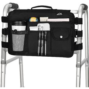 supregear Dubbelzijdige Looprek Tas, Walker-mand met 9 Vakken en Groot Compartiment voor Walker Rollator-Rolstoel, Waterbestendig Walker Organizeretui met Handvat en Bekerhouder, Donker Zwart