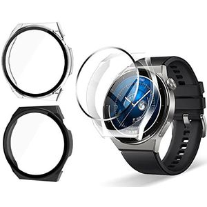 GIOPUEYO [2 PACK] Hoesje compatibel met Huawei Watch GT 3 Pro 46 mm, glazen beschermfolie + harde plastic rand, 360 ° allround bescherming, Huawei Watch GT 3 Pro 46 mm Cover - zwart + transparant