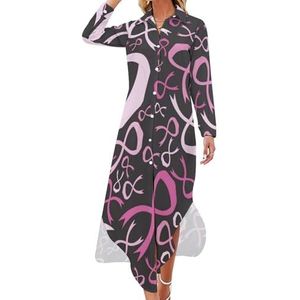 Borstkanker bewustzijn roze lint vrouwen maxi-jurk lange mouw knop shirt jurk casual feest lange jurken 2XL