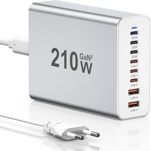 210 W 8-Poorts Oplaadstation, C-Oplader Met Meerdere Poorten, Snellader, 【A+C】Oplaadadapter, Compatibel Met iPhone 12/13/14/15/MacBook Pro/Air/Samsung Galaxy S23/S22/S21/Tablets (Zilver)