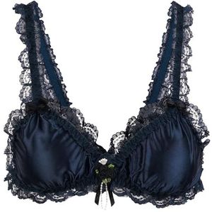 Satini Sissy Frilly Kant Getailleerd Satijn Bralette BH (Nachtblauw, M)