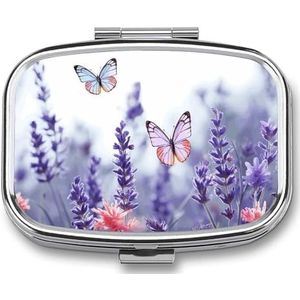 Leuke Pil Organizer Lavendel en Vlinders Gedrukt Draagbare Reizen Pillendoos Mini Pillendoos Kan Buiten worden gebruikt