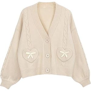 Damesvest Japanse stijl strik gebreide truien meisjes schattige trui lange mouwen trui V-hals kort vest tops, Beige, M