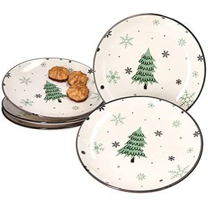MamboCat Set van 6 kerstboomtaartborden, voor 6 personen, taartborden voor Kerstmis met dennenbomen en sneeuwvlokken, koekjes, ontbijt- of dessertborden, plat, aardewerk