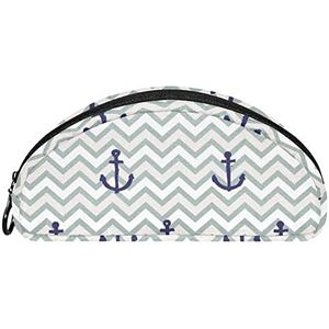 Etui Halve cirkel Briefpapier Pen Bag Pouch Holder Case Navy Blue Ship Anchor Grey Zigzag, Multi kleuren, 19.5x4x8.8cm/7.7x1.6x3.5in, Make-up zakje