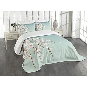 ABAKUHAUS Weeping Flower Bedsprei, Cherry Blossom Buds, Decoratieve Gewatteerde 3-delige Spreiset met 2 Kussenhoezen, 220 x 220 cm, Mint Lichtroze en Taupe