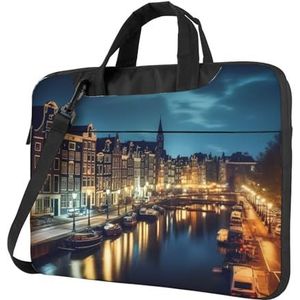 Amsterdam Nachtzicht Print Laptop Schoudertas Met Schouderriem Aktetas Slanke Computer Tas Voor Vrouwen Mannen, Zwart, 13 inch