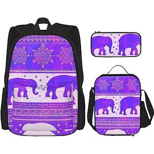 Paarse olifant rugzak gepersonaliseerde reistas met lunchtas etui set van 3 stuks, Zwart, Eén maat, Rugzakken