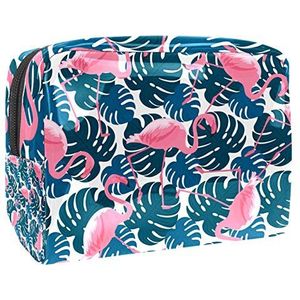 Draagbare make-up tas met rits reizen toilettas voor vrouwen handige opslag cosmetische zakje roze flamingo's en Monstera bladeren