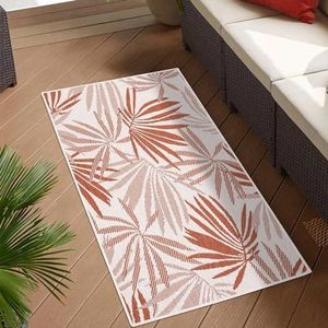 carpet city Indoor & outdoor tapijt rood, crème - omkeerbaar tapijt - 80x150 cm - bloemenpatroon - weerbestendig voor balkon terras - loper modern indoor hal keuken