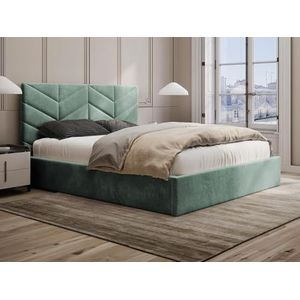 Vente-unique - Bed met opbergruimte 160 x 200 cm - Textuurstof - Amandelgroen - JUSTANI